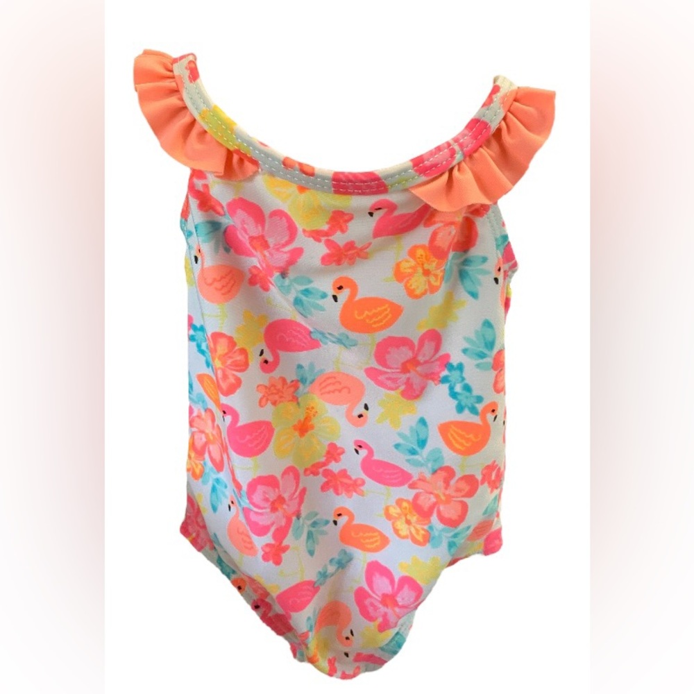 Healthtex tropical floral flamingo one piece swimsuit w/ ruffle neckline - 18M